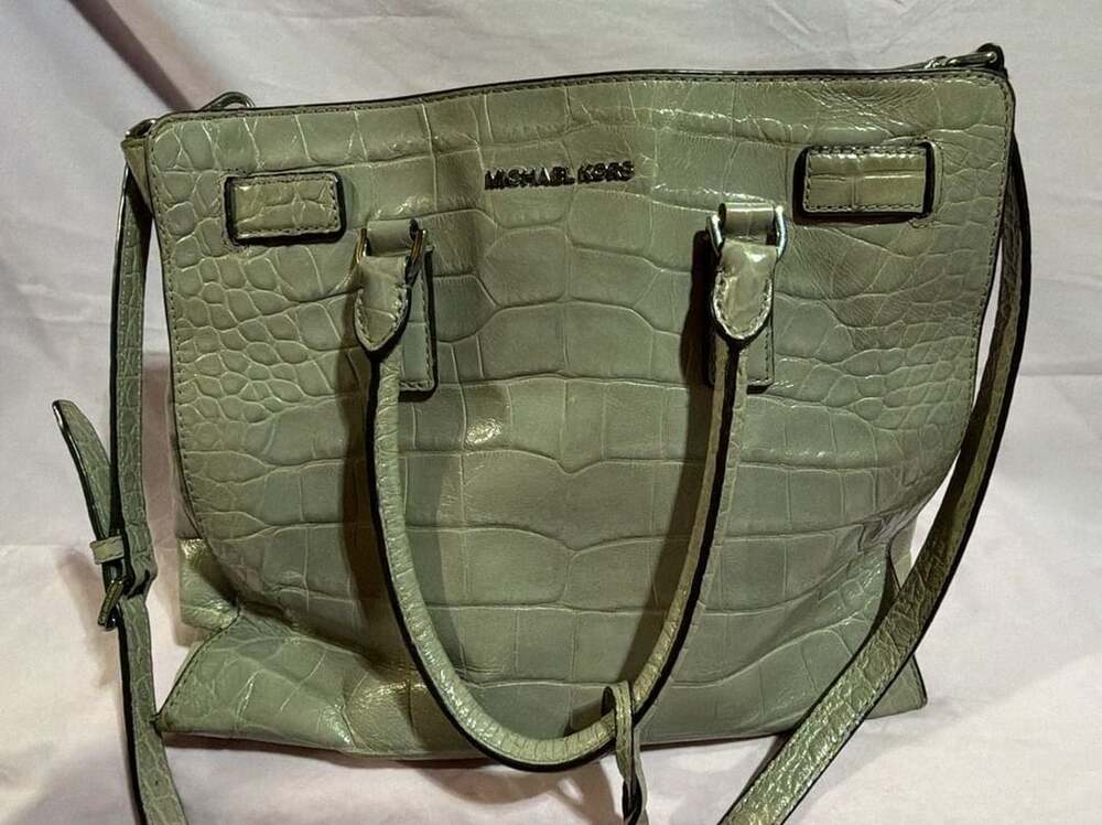 Michael Kors Dillon Satchel Dove Gray Croc Embossed Leather Shoulder Bag